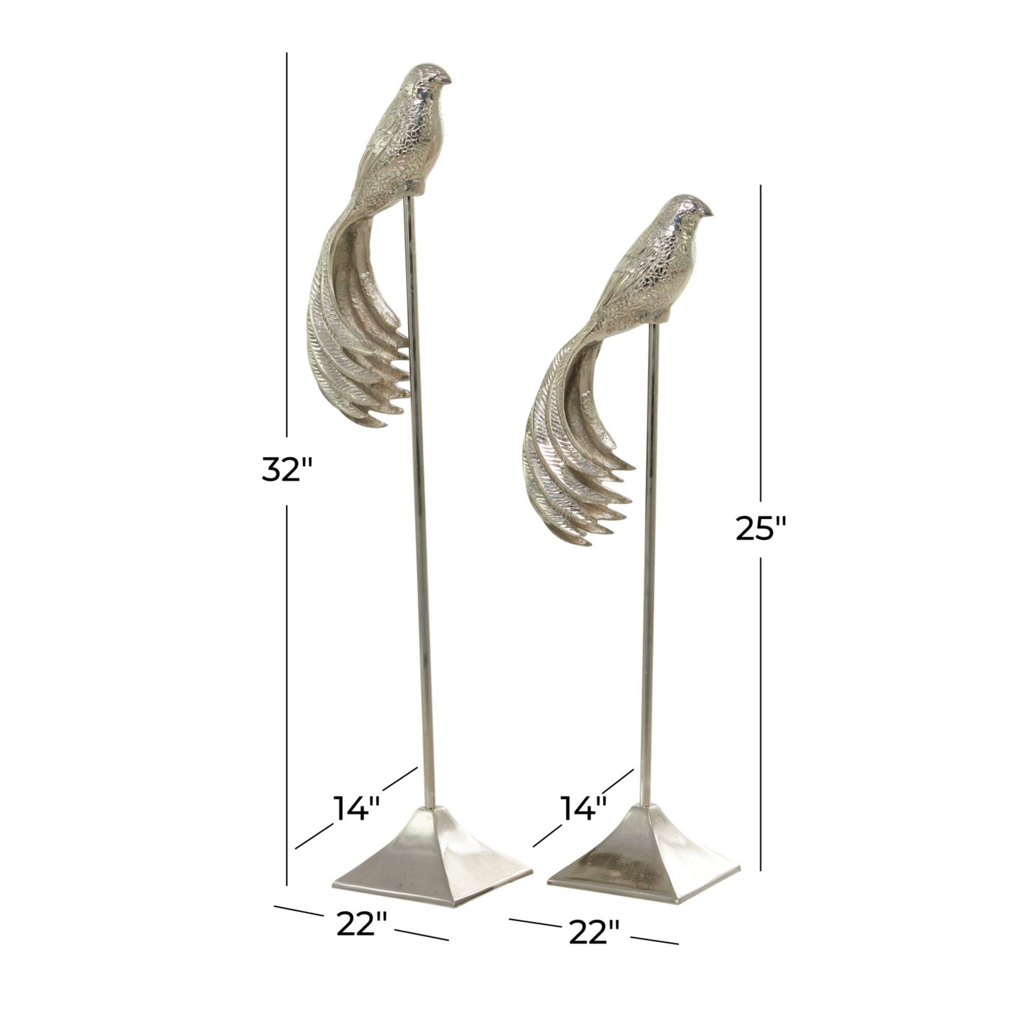 Silver Aluminum Eclectic Birds Sculpture, Set of 2" 32", 27"